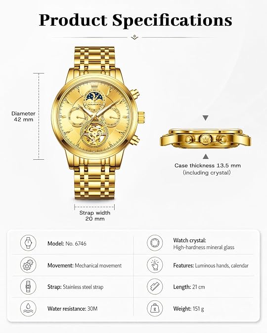 OLEVS Mens Automatic Skeleton Watch Moon Phase Luxury Dress Wristwatch Self-Winding Mechanical, Stainless Steel Strap, Luminous, 30M Waterproof — Gift for Menc