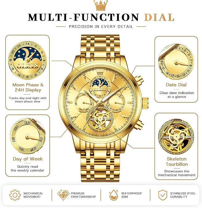 OLEVS Mens Automatic Skeleton Watch Moon Phase Luxury Dress Wristwatch Self-Winding Mechanical, Stainless Steel Strap, Luminous, 30M Waterproof — Gift for Menc