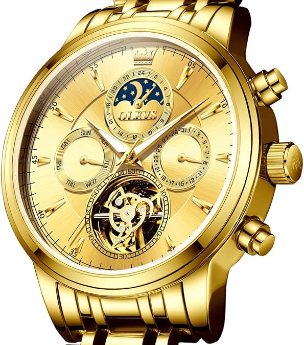 OLEVS Mens Automatic Skeleton Watch Moon Phase Luxury Dress Wristwatch Self-Winding Mechanical, Stainless Steel Strap, Luminous, 30M Waterproof — Gift for Menc