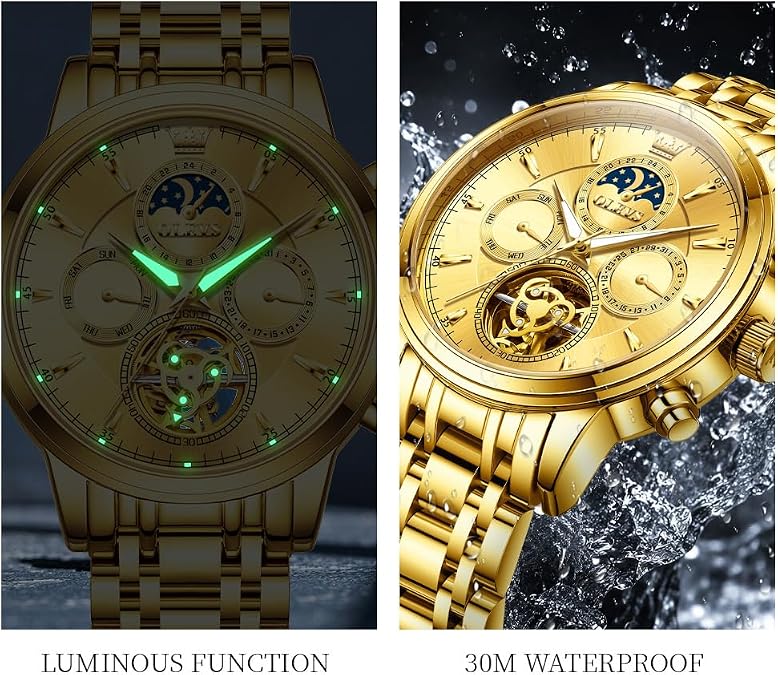 OLEVS Mens Automatic Skeleton Watch Moon Phase Luxury Dress Wristwatch Self-Winding Mechanical, Stainless Steel Strap, Luminous, 30M Waterproof — Gift for Menc